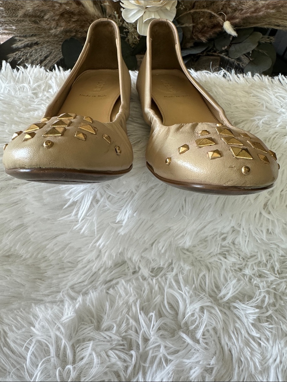 J. Crew Beige Leather Ballet Flats with Gold Studs